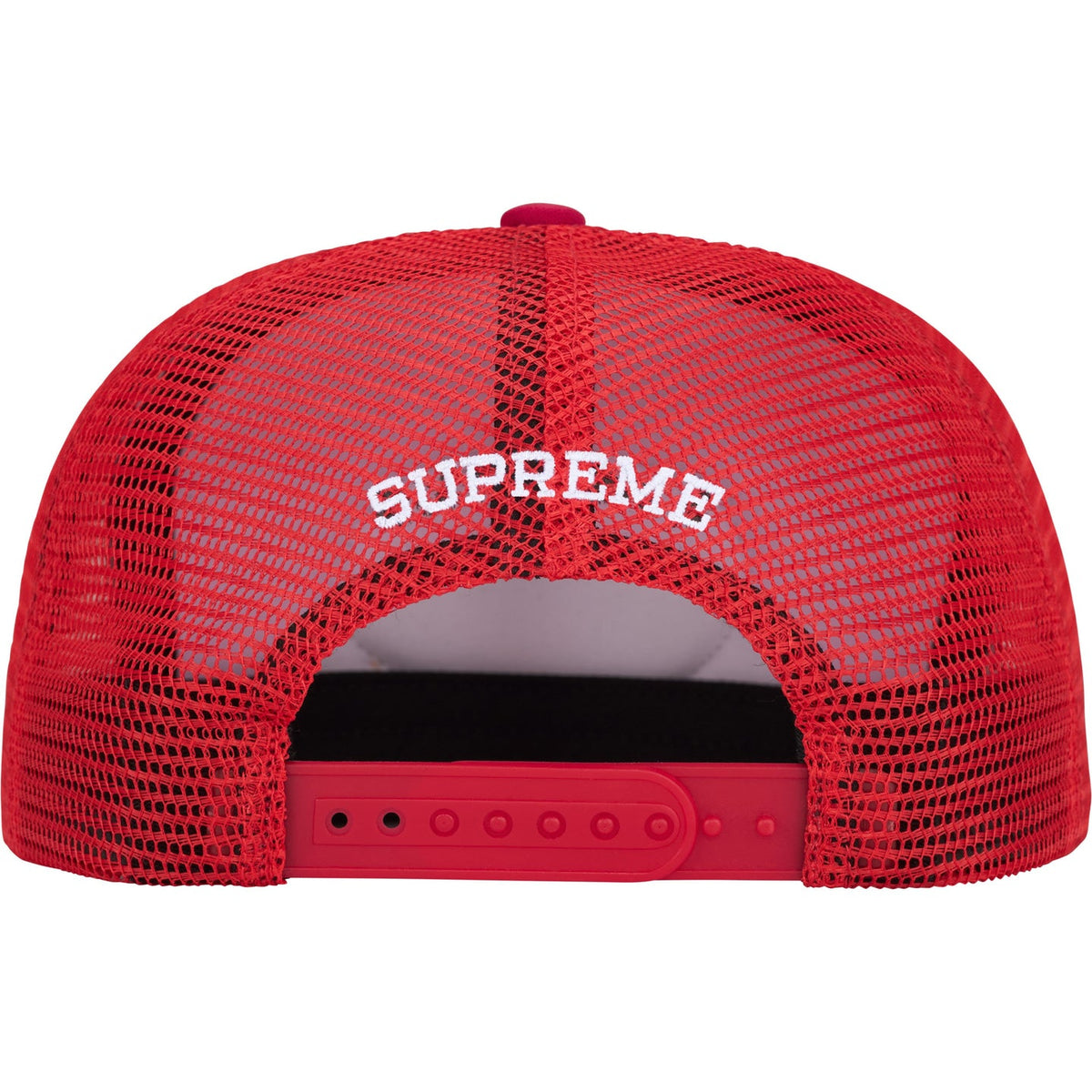 Red Supreme authorized dealer mesh trucker cap with adjustable snapback and breathable mesh back for casual headwear.