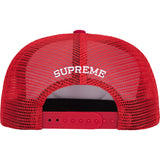 Red Supreme authorized dealer mesh trucker cap with adjustable snapback and breathable mesh back for casual headwear.