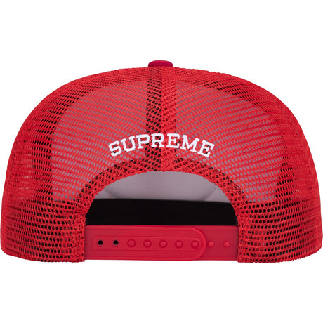 Red Supreme authorized dealer mesh trucker cap with adjustable snapback and breathable mesh back for casual headwear.