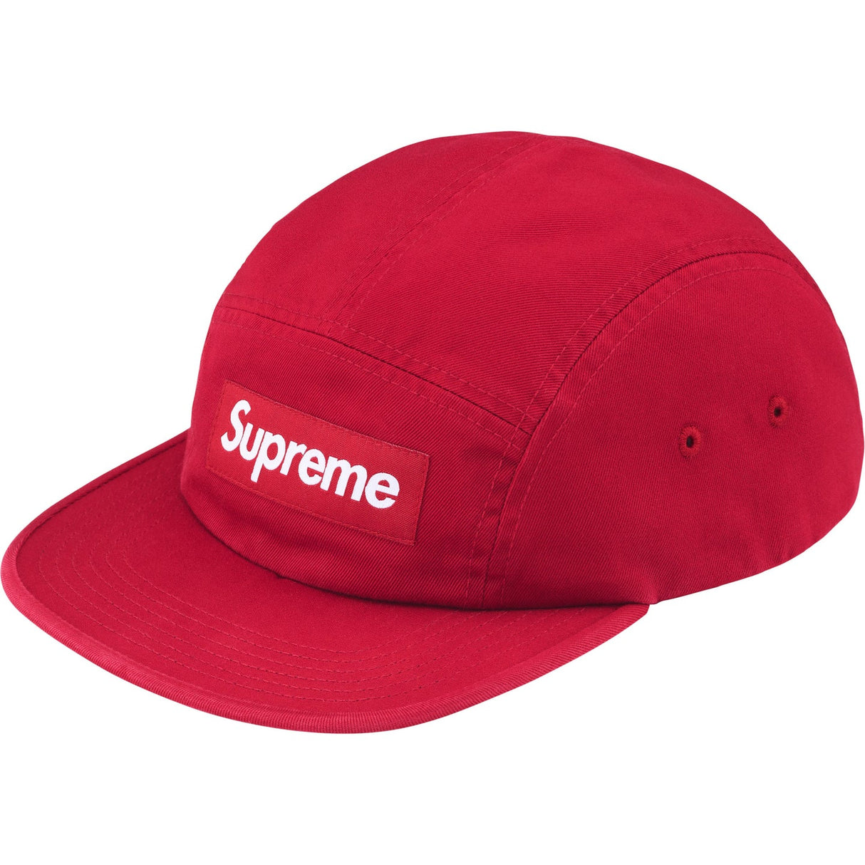 Red Supreme Box Logo chino twill cap, stylish headwear with a classic adjustable design and branded logo on the front.