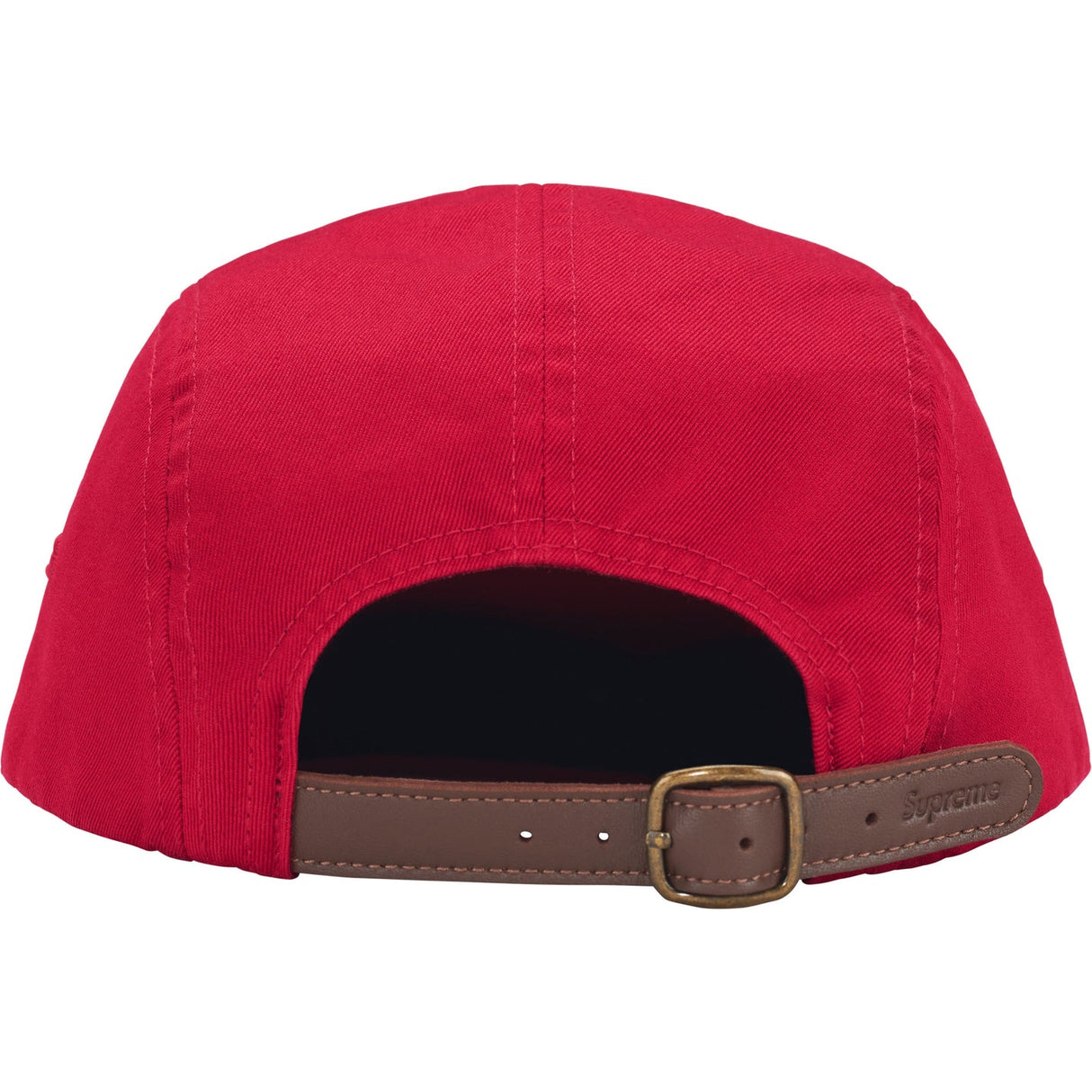 Red Supreme Box Logo Chino Twill Cap, stylish headwear with iconic branding and adjustable strap, perfect for casual wear.