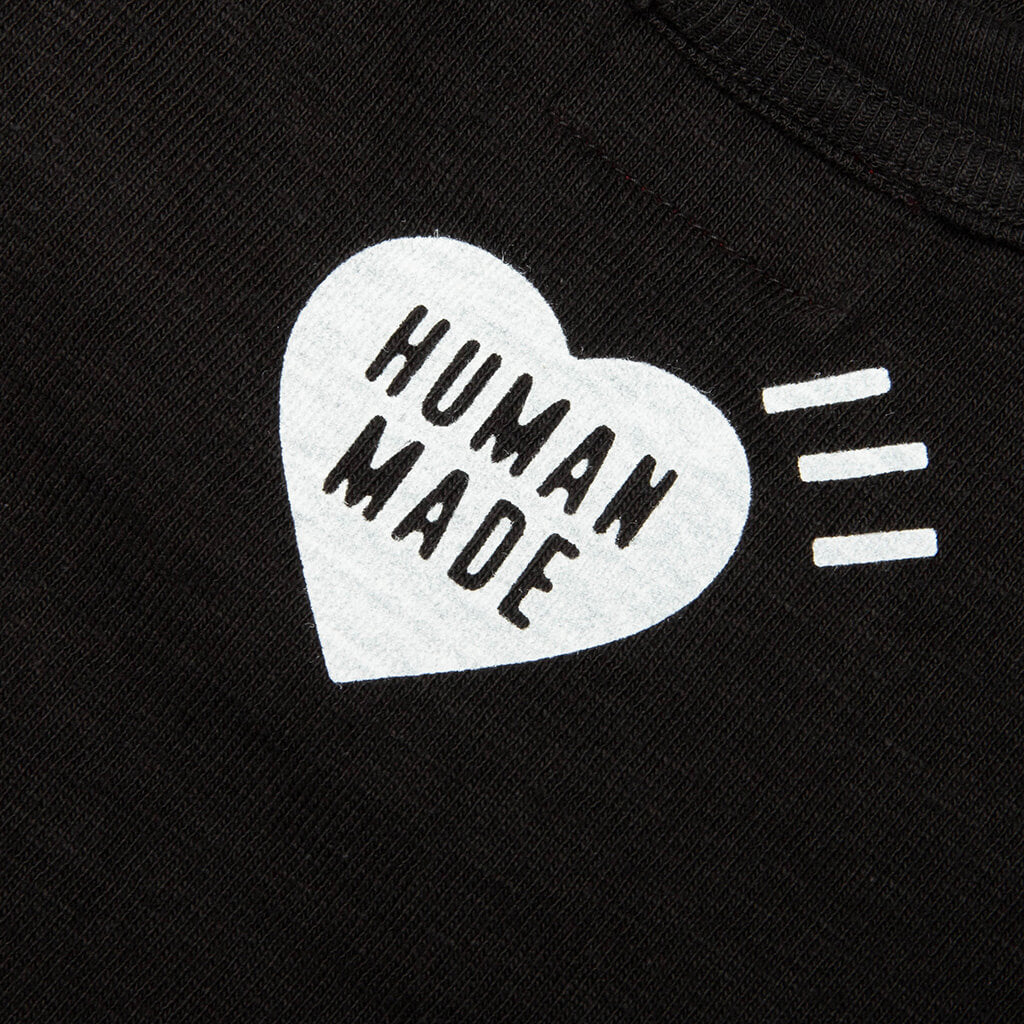 Black Human Made Duck Tee featuring a graphic print of a duck on the front, casual men's T-shirt made of soft cotton fabric.