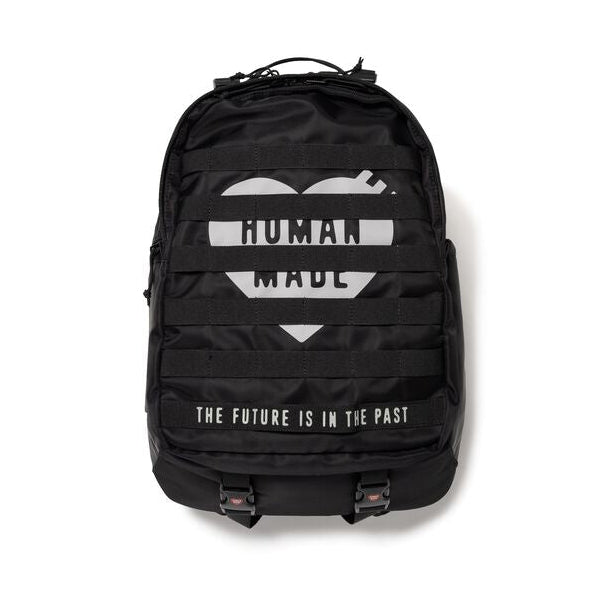 Black Human Made military backpack with multiple compartments and adjustable straps, designed for durability and style.