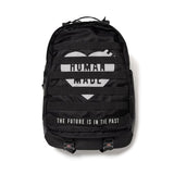 Black Human Made military backpack with multiple compartments and adjustable straps, designed for durability and style.