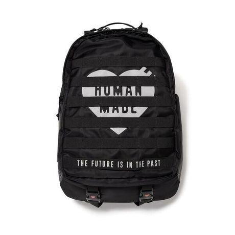 Black Human Made military backpack with multiple compartments and adjustable straps, designed for durability and style.