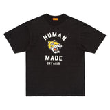 Black Human Made Tiger Tee displayed on a hanger with bold tiger graphic and casual fit, made from soft cotton fabric.