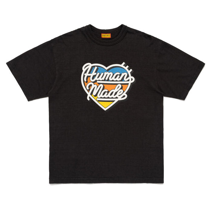Black Human Made tri-color heart logo T-shirt featuring a bold heart graphic on the front for a stylish casual look.
