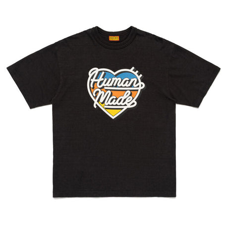 Black Human Made tri-color heart logo T-shirt featuring a bold heart graphic on the front for a stylish casual look.