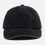 Black Human Made Heart Logo 6-panel cap, stylish headwear with embroidered logo, adjustable strap, and classic six-panel design.
