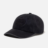 Black Human Made Heart Logo 6-panel cap, stylish headwear with embroidered heart logo on front, adjustable strap at back.