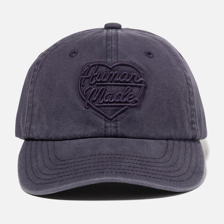 Navy Human Made 6-panel cap with embroidered heart logo, casual headwear for streetwear style.