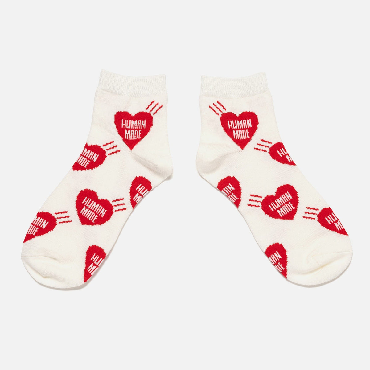 White Human Made Heart Short Socks with red heart design, casual accessories for streetwear and everyday wear.