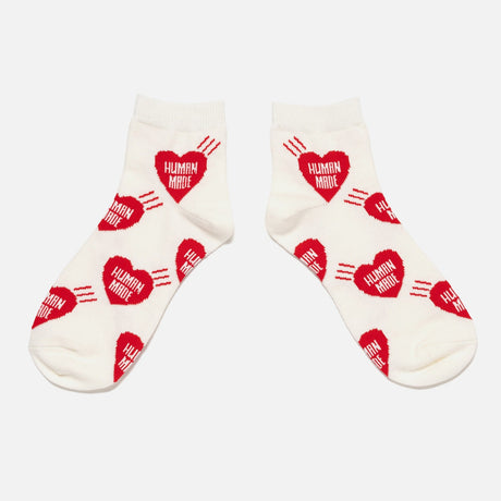 White Human Made Heart Short Socks with red heart design, casual accessories for streetwear and everyday wear.