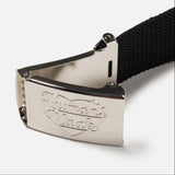 Black Human Made Logo Belt with adjustable strap and branded buckle, stylish accessory for casual and streetwear outfits.
