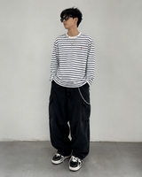 White and navy striped Polo Ralph Lauren classic fit heavyweight long sleeve tee, casual apparel for men.