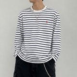 Polo Ralph Lauren long sleeve heavyweight tee in white with navy stripes, classic fit, casual apparel for men.