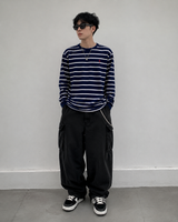 Navy striped long sleeve tee by Polo Ralph Lauren, classic fit heavyweight cotton casual shirt for men.