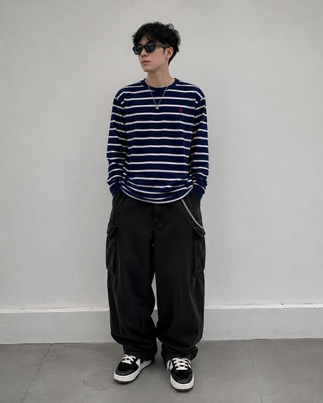 Polo Ralph Lauren Classic Fit Heavyweight Long Sleeve Tee Navy Striped
