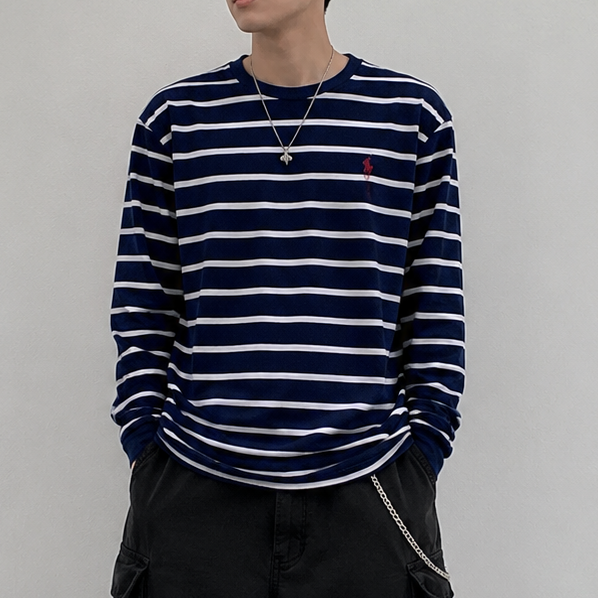 Navy striped Polo Ralph Lauren Classic Fit heavyweight long sleeve tee, casual apparel with long sleeves and classic polo style.