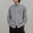 Polo Ralph Lauren long sleeve poplin shirt with embroidered logo and pinstripe pattern, featuring a classic collar and button cuffs.