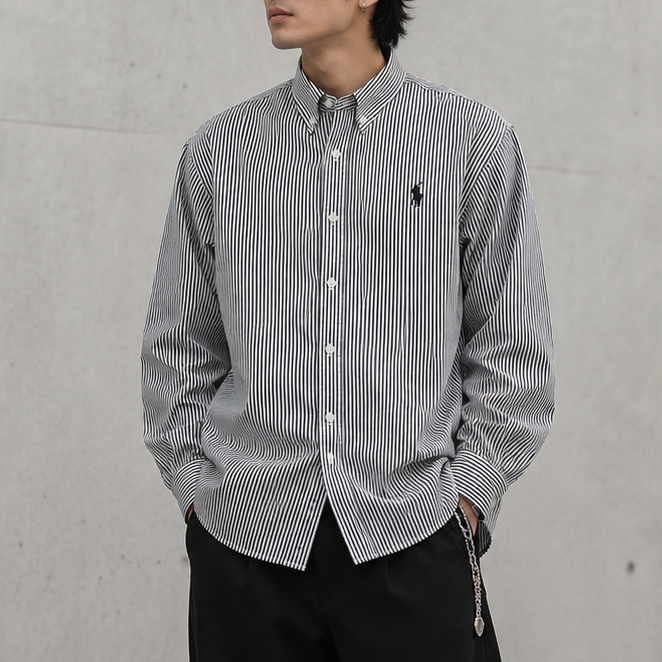 Polo Ralph Lauren long sleeve poplin shirt with embroidered logo and pinstripe pattern, featuring a classic collar and button cuffs.