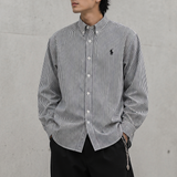 Polo Ralph Lauren long sleeve poplin shirt with embroidered logo and pinstripe pattern, featuring a classic collar and button cuffs.