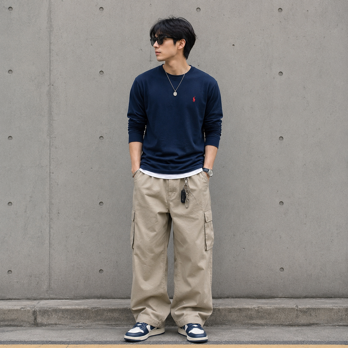 Navy Polo Ralph Lauren Classic Fit heavyweight long sleeve tee, showing the soft cotton fabric and iconic polo logo on the chest.