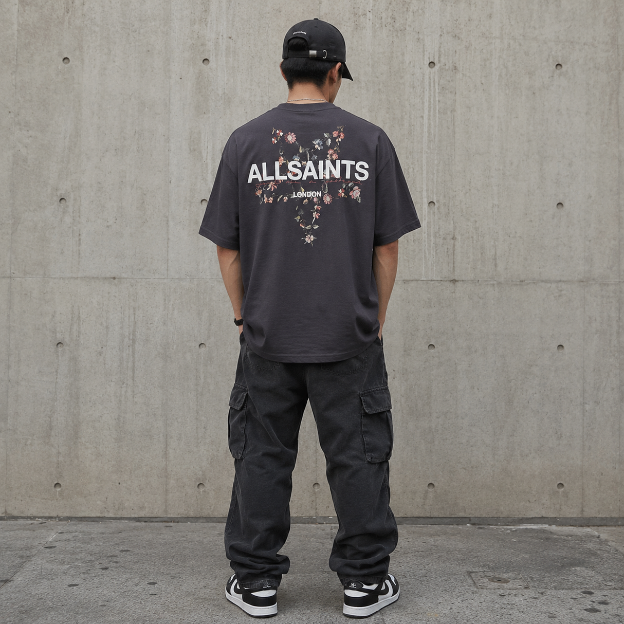 AllSaints black Pentacle Floral T-shirt with a graphic print, casual fit, and round neckline, stylish apparel for everyday wear.