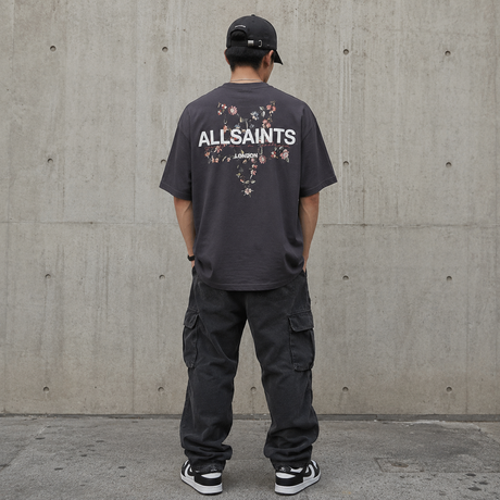 AllSaints black Pentacle Floral T-shirt with a graphic print, casual fit, and round neckline, stylish apparel for everyday wear.