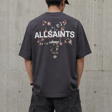 Black AllSaints Pentacle Floral Tee featuring a colorful floral and pentacle graphic on the front.