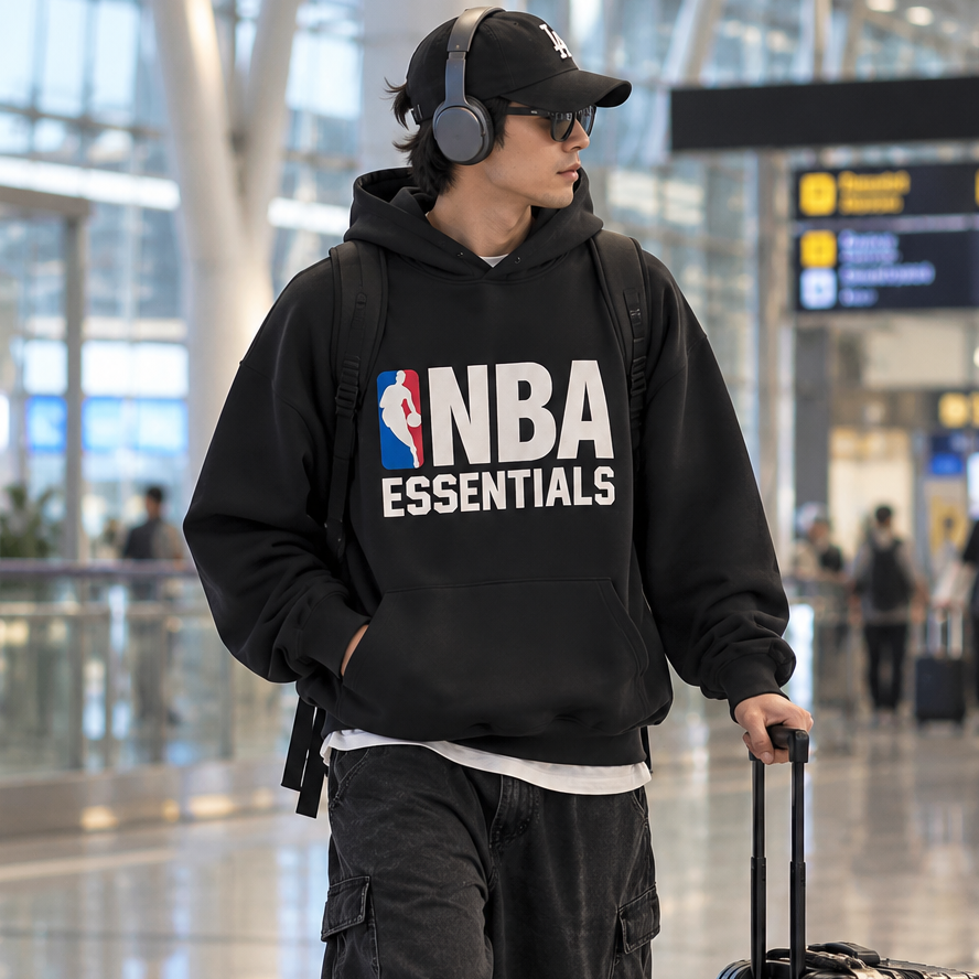 Black Fear of God Essentials NBA hoodie, casual apparel with NBA logo, front view, soft fabric, and relaxed fit.