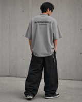 MasonPrince dark grey reflective oversized mock neck tee, casual apparel with reflective details, front view showing fit and fabric texture.