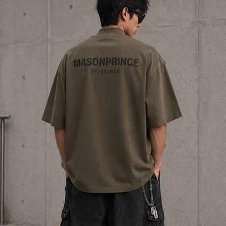 MasonPrince olive oversized mock neck tee with reflective accents, casual apparel featuring a relaxed fit and stylish design.