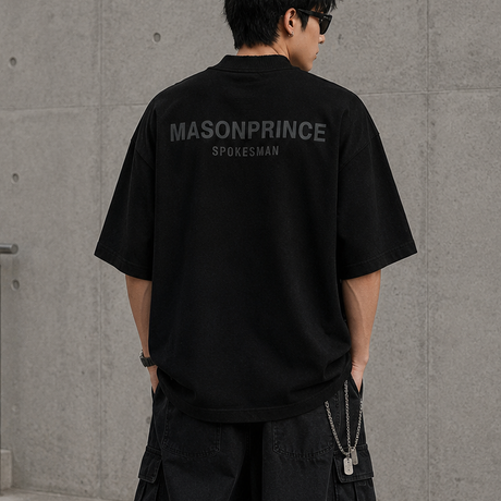 Black MasonPrince Reflective Oversized Mock Neck Tee, casual apparel with a relaxed fit and mock neck design.
