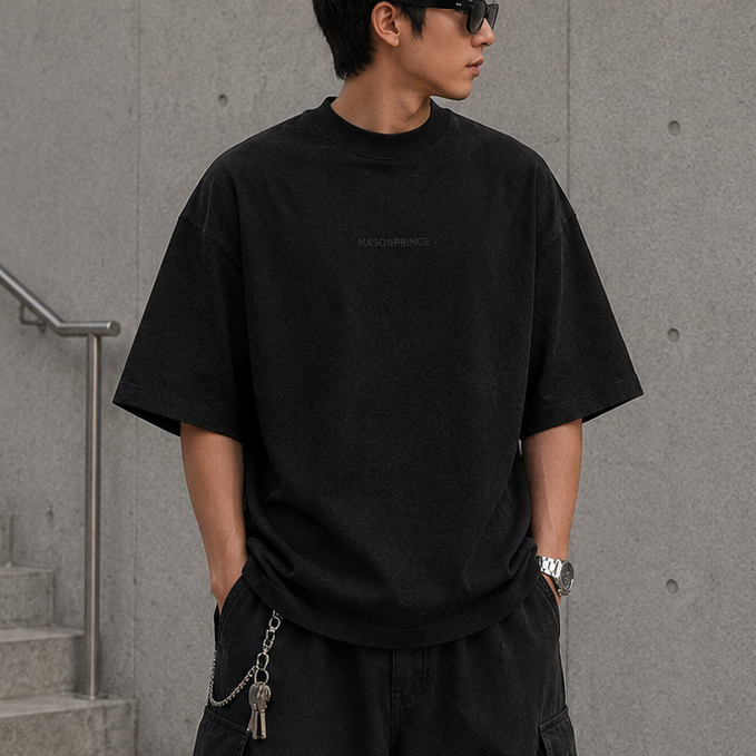 MasonPrince Reflective Oversized Mock Neck Tee Black