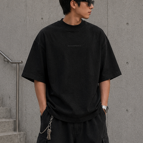 Black MasonPrince oversized mock neck tee with reflective details, casual apparel for streetwear and everyday wear.