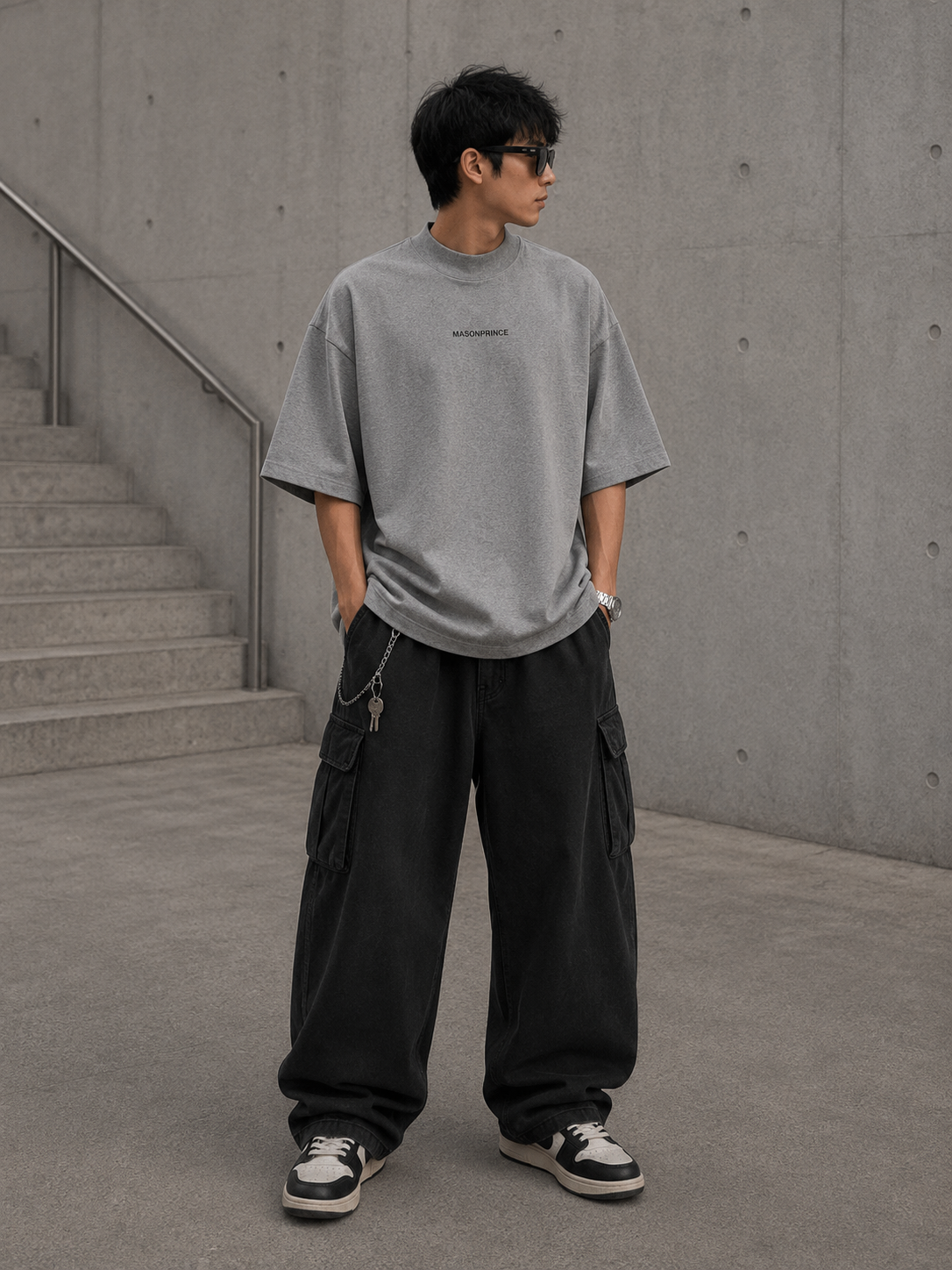 Dark grey MasonPrince oversized mock neck tee with reflective accents, casual apparel for a stylish, comfortable look.