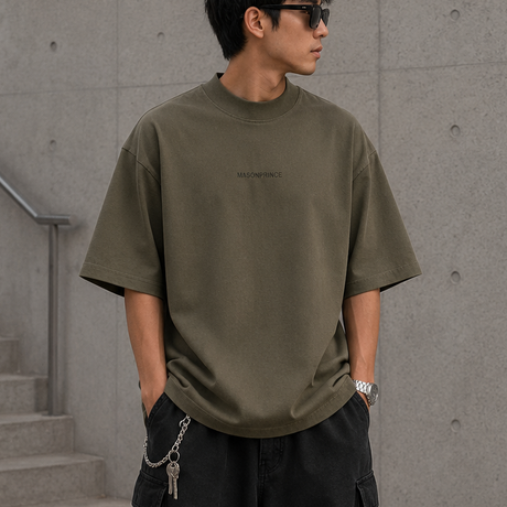 MasonPrince olive reflective oversized mock neck tee, casual apparel with a relaxed fit and stylish mock neck design.