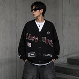 AAPE By Bathing Ape UNVS cardigan in gray with logo embroidery, displayed on a hanger showcasing its knit texture and casual style.