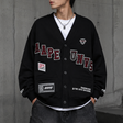 AAPE By Bathing Ape UNVS cardigan, navy blue knit sweater with logo embroidery, casual apparel for streetwear style.