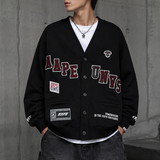 AAPE By Bathing Ape UNVS cardigan, navy blue knit sweater with logo embroidery, casual apparel for streetwear style.