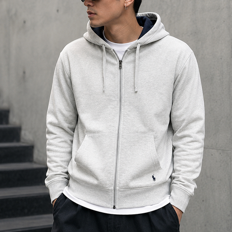 Grey marl Ralph Lauren zip hoodie from POLO RALPH LAUREN, showing the front view with a full zip and logo detail.