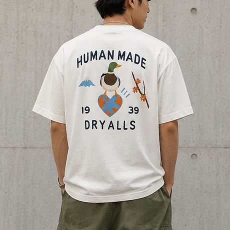 White Human Made Japanese-Style Duck Tee featuring a graphic print of a duck on the front, casual apparel for streetwear style.