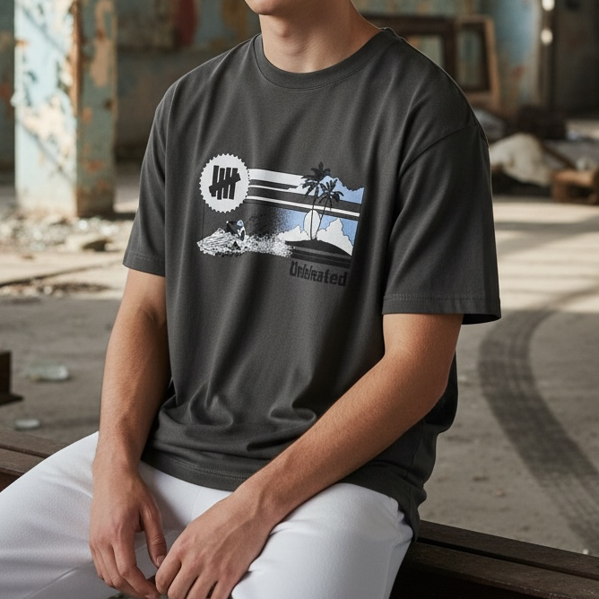 Gray Undefeated Jet Ski Tee shirt with graphic design, casual streetwear style, and comfortable fit.