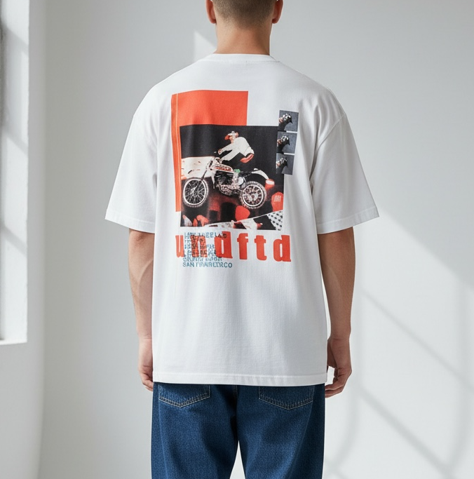 White Undefeated Moto Tee featuring graphic print, casual fit, and short sleeves, showcasing streetwear style.