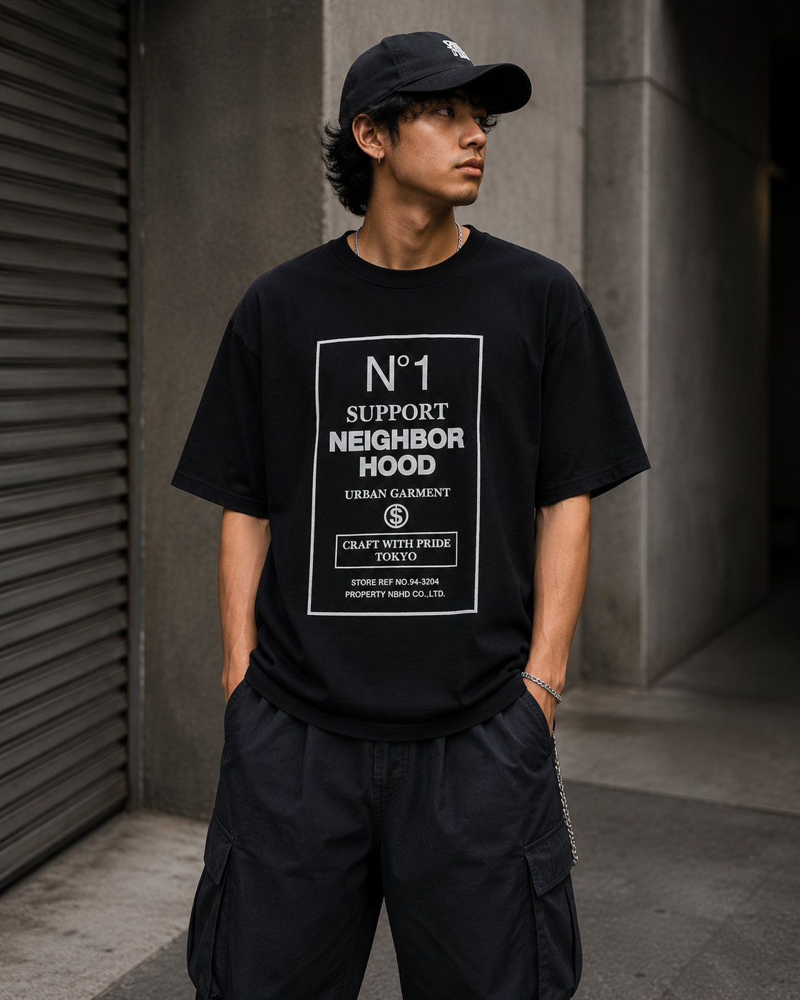 Black Neighborhood SS-15 N1 Tee shirt with short sleeves and classic fit, featuring the NEIGHBORHOOD logo on the front.