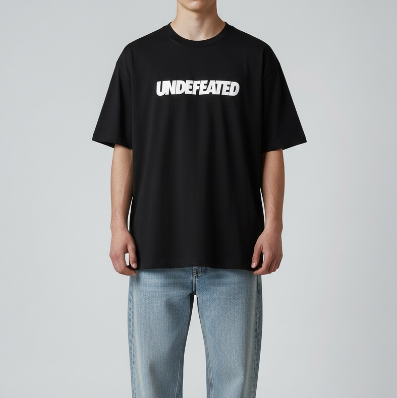 Black Undefeated Signature Logo Tee shirt, casual apparel featuring the iconic logo on the front, displayed flat.