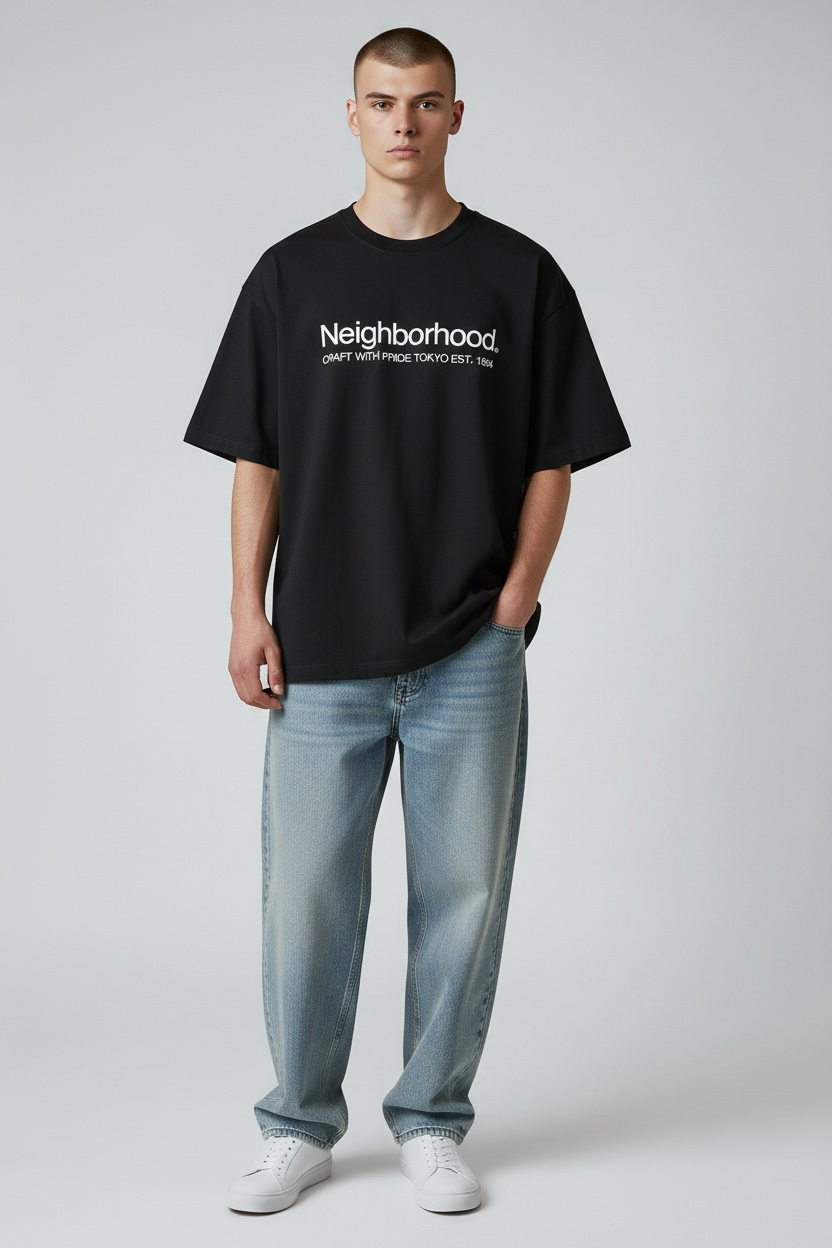 Black Neighborhood SS-11 Tee shirt with short sleeves and logo design, casual streetwear apparel for men