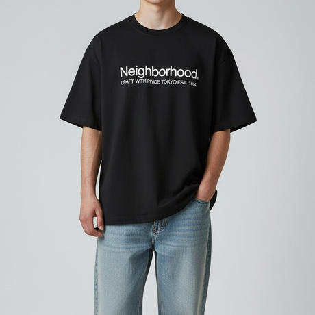 Black Neighborhood SS-11 Tee shirt, casual apparel with a classic fit and simple design, showing the front view.