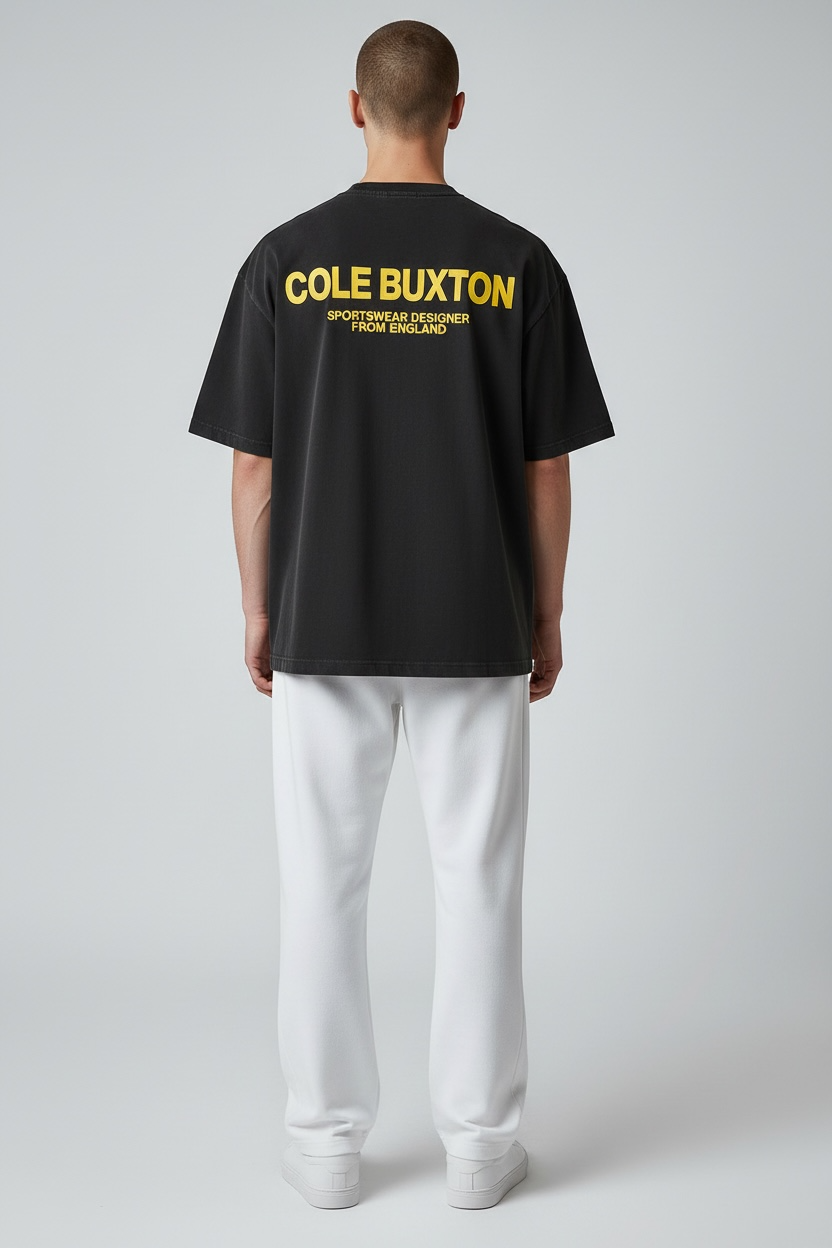Cole Buxton Signature Tee in vintage black with yellow accents, casual apparel featuring a classic fit and bold color contrast.